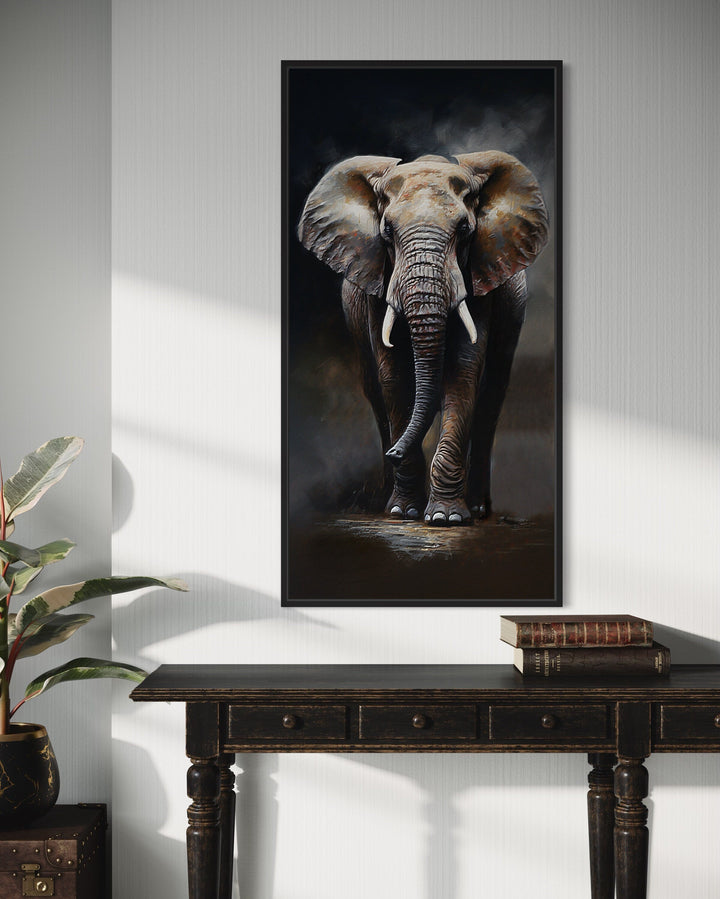 Long Vertical Extra Large African Elephant Framed Canvas Wall Art