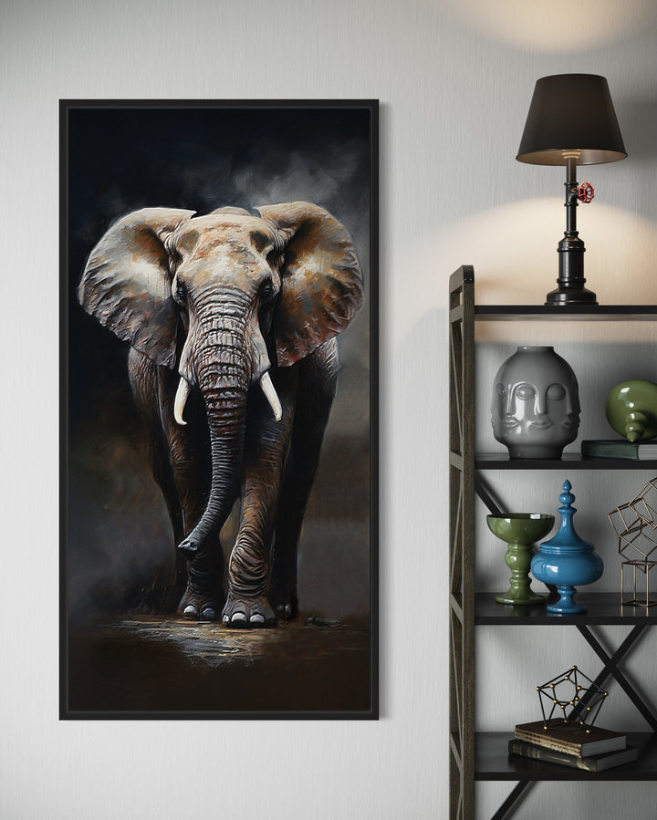 Long Vertical Extra Large African Elephant Framed Canvas Wall Art