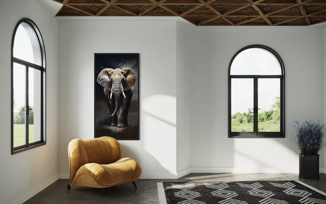 Long Vertical Extra Large African Elephant Framed Canvas Wall Art