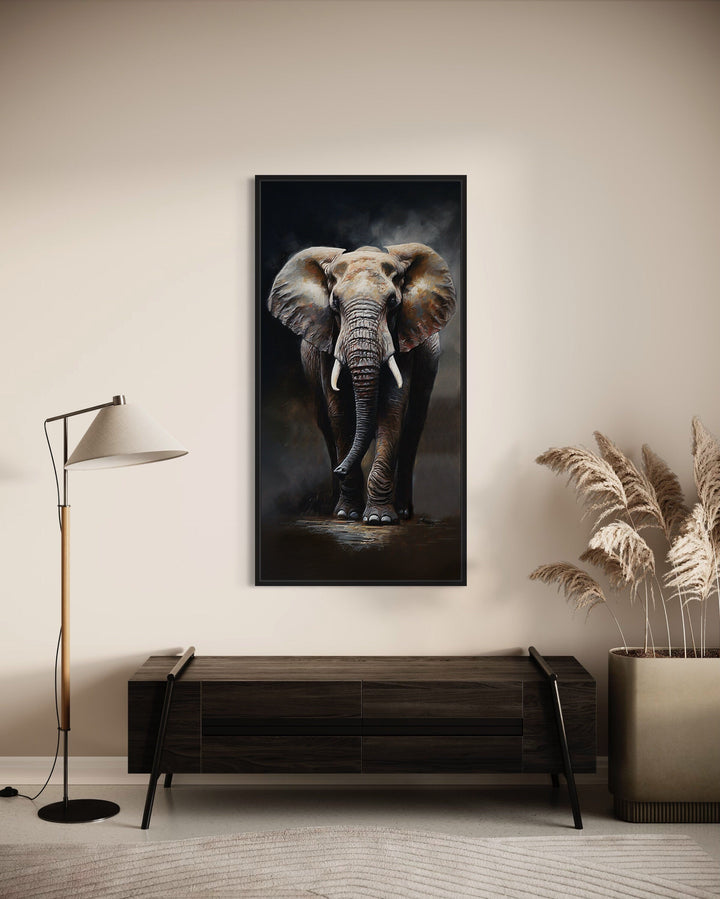 Long Vertical Extra Large African Elephant Framed Canvas Wall Art