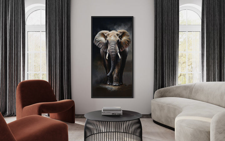 Long Vertical Extra Large African Elephant Framed Canvas Wall Art