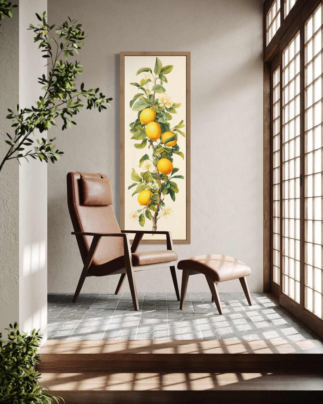 Long Vertical Lemon Tree Yellow Tall Narrow Framed Canvas Wall Art