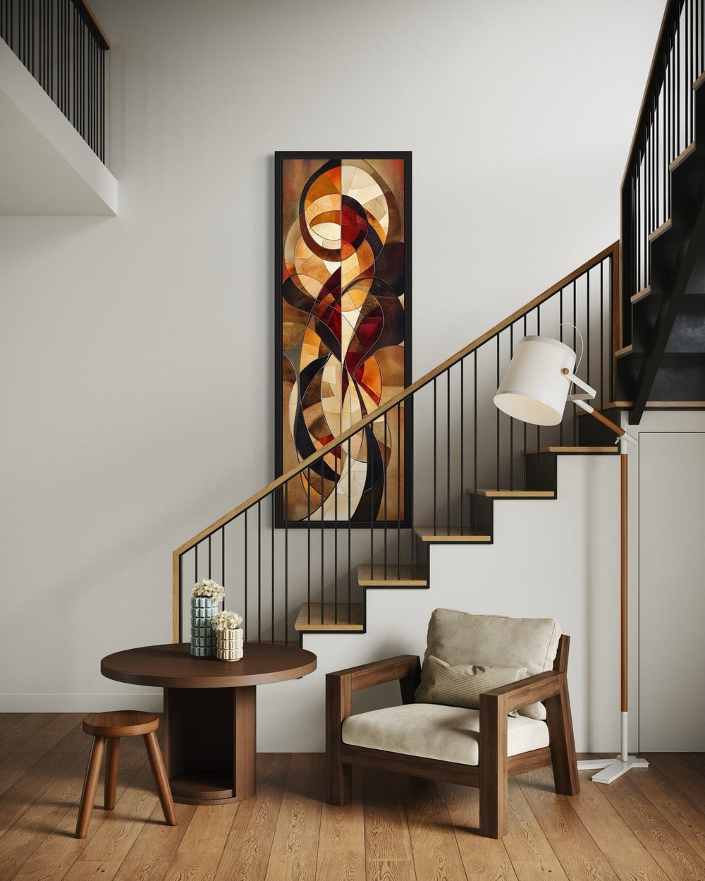 Long Vertical Red Brown Mid Century Modern Framed Canvas Wall Art above stairs