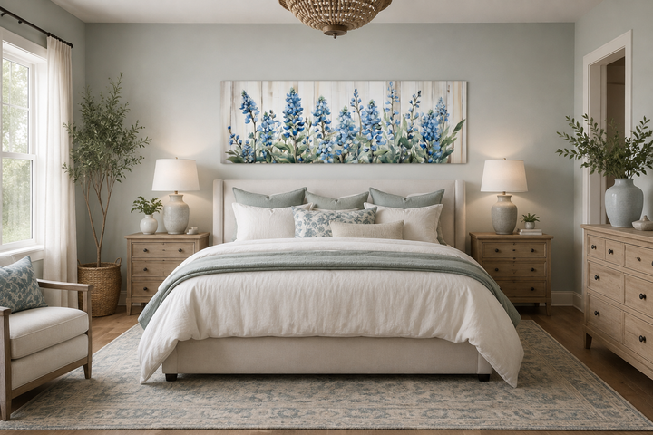 Horizontal framed canvas wall art featuring blue wildflowers above a bed in a neutral bedroom.