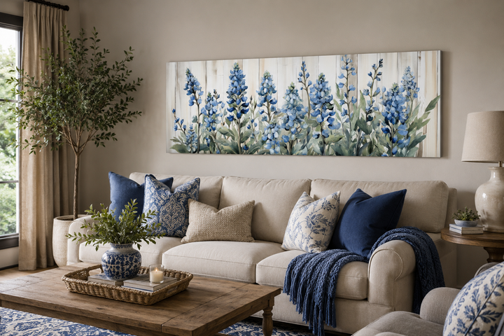 Horizontal framed canvas wall art featuring blue wildflowers on a neutral wood-textured background.