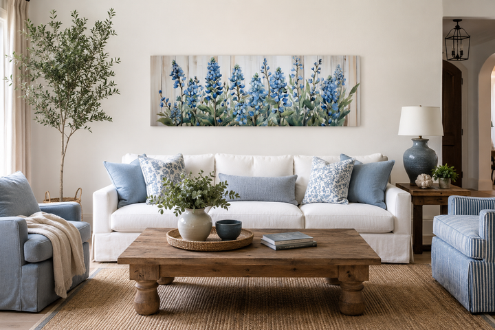 Horizontal framed canvas wall art featuring blue wildflowers on a neutral, textured backdrop.