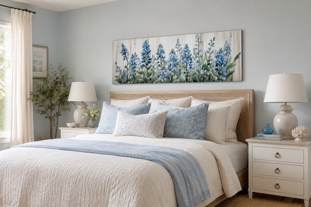 Blue wildflowers horizontal framed canvas wall art displayed above a bed in a serene bedroom.