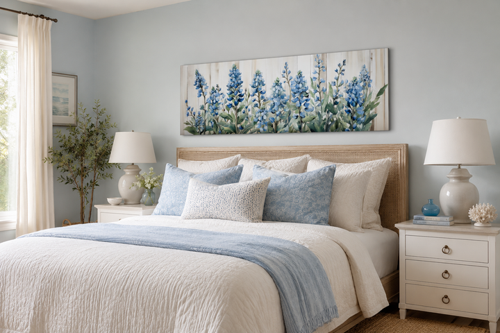 Blue wildflowers horizontal framed canvas wall art displayed above a bed in a serene bedroom.