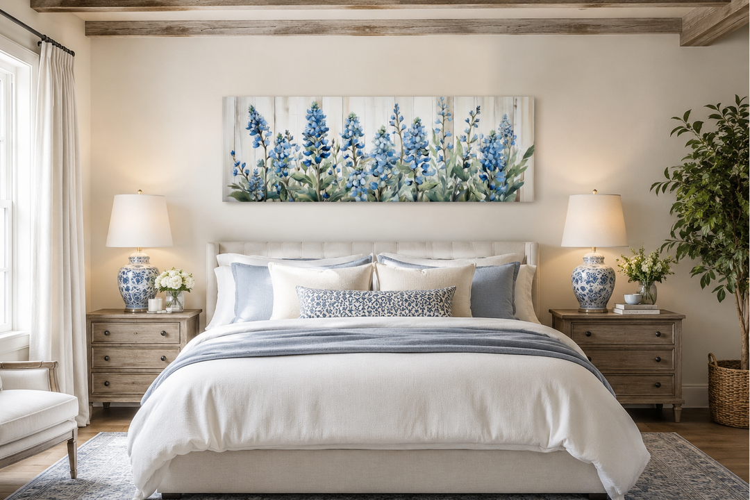 Horizontal framed canvas wall art featuring blue wildflowers on a neutral textured backdrop.