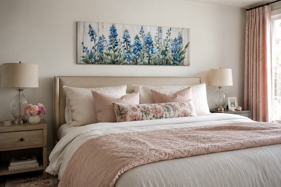 Blue wildflowers horizontal framed canvas wall art displayed above a bed in a neutral bedroom.