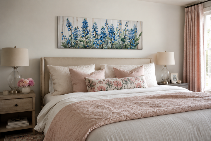 Blue wildflowers horizontal framed canvas wall art displayed above a bed in a neutral bedroom.