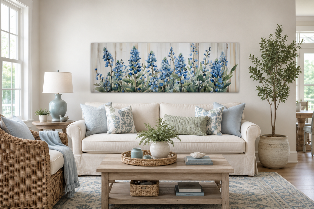 Horizontal framed canvas wall art featuring blue wildflowers on a neutral textured background.