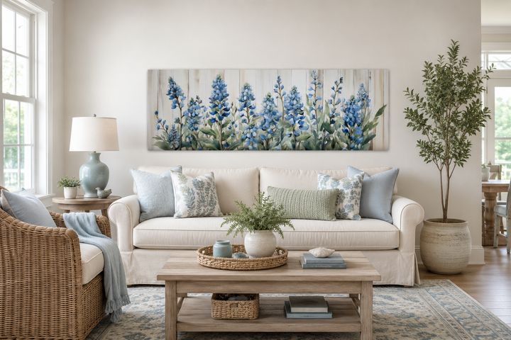 Horizontal framed canvas wall art featuring blue wildflowers on a neutral textured background.
