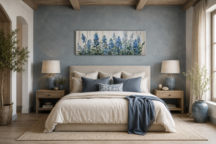 Blue wildflowers horizontal framed canvas wall art displayed above a bed in a rustic bedroom.