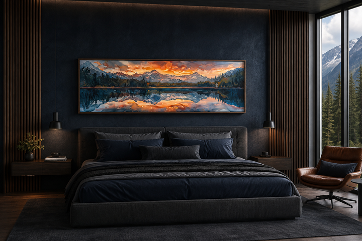 Panoramic framed canvas wall art of a sunset over a mountain lake hanging above a modern bed.