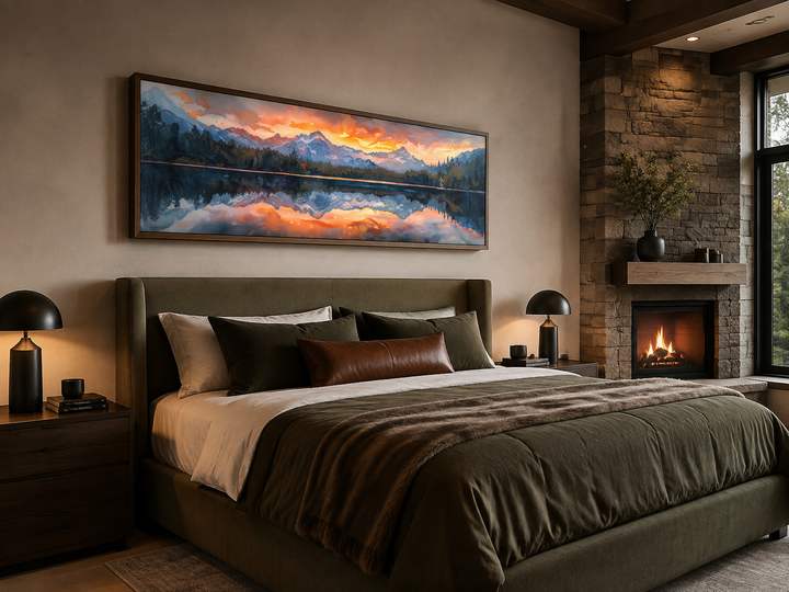 Panoramic framed canvas of a sunset over a mountain lake hanging above a bed in a modern bedroom.