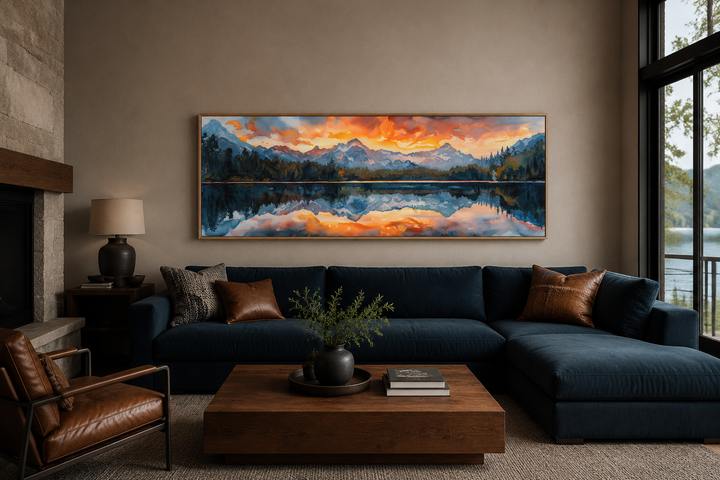 Panoramic framed canvas wall art of a sunset over a mountain lake above a navy blue sectional sofa.