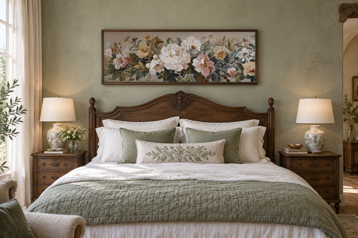Long horizontal vintage floral framed tapestry wall art above a bed in a green-walled bedroom.