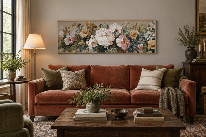 Long horizontal framed tapestry wall art with vintage beige and pastel floral bouquet above a sofa.