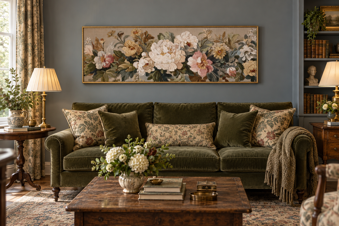 Long horizontal vintage floral framed tapestry wall art with pastel roses above a green sofa.