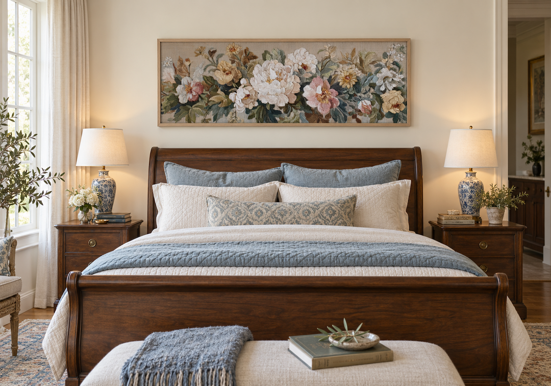 Long horizontal framed tapestry with vintage pastel flowers hanging above a dark wood sleigh bed.