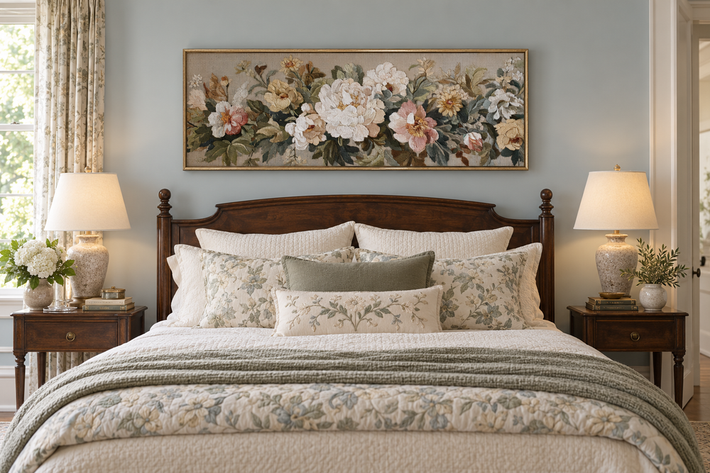 Long horizontal vintage floral framed tapestry wall art in pastel tones hanging above a bed.