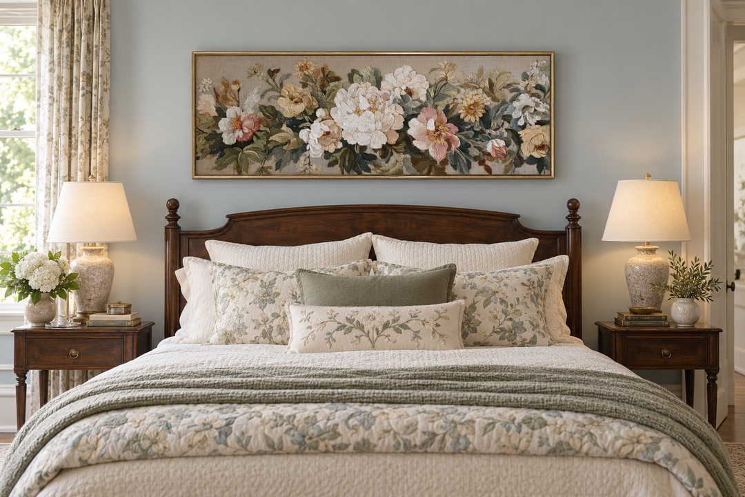 Long horizontal vintage floral framed tapestry wall art in pastel tones hanging above a bed.