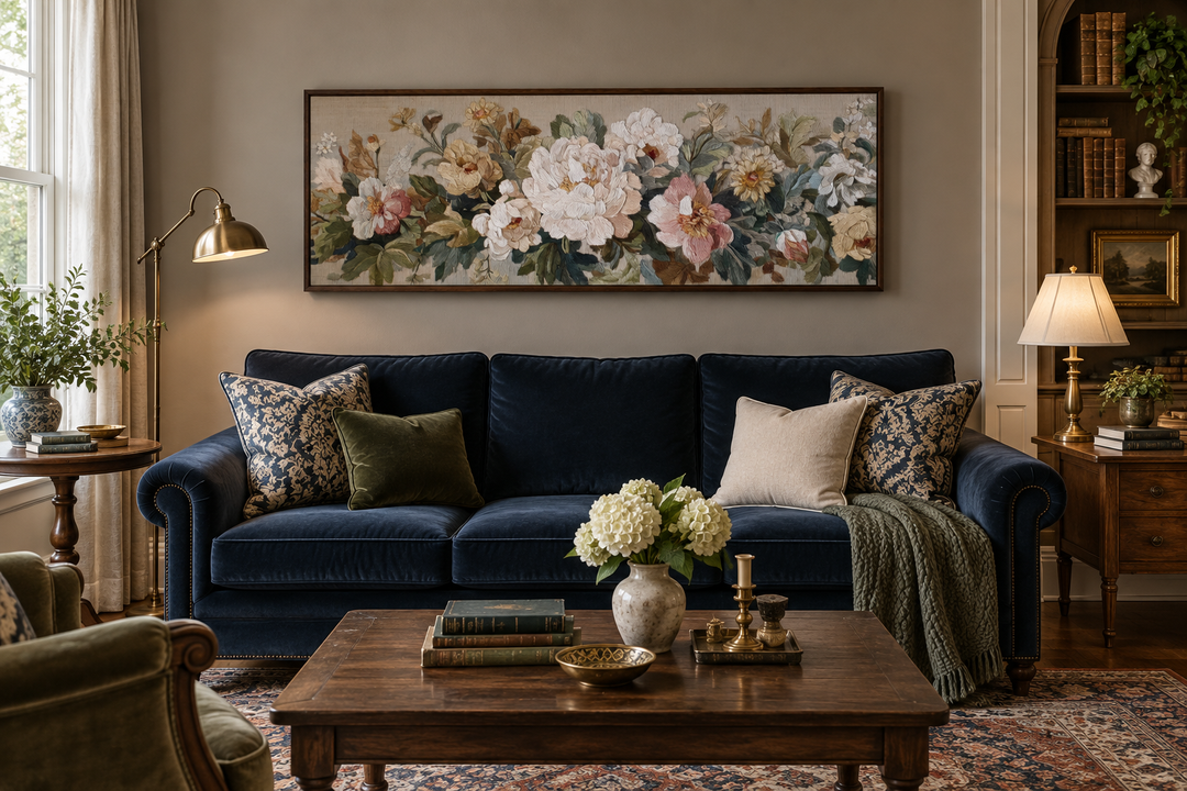 Long horizontal vintage floral framed tapestry wall art above a navy blue velvet sofa.