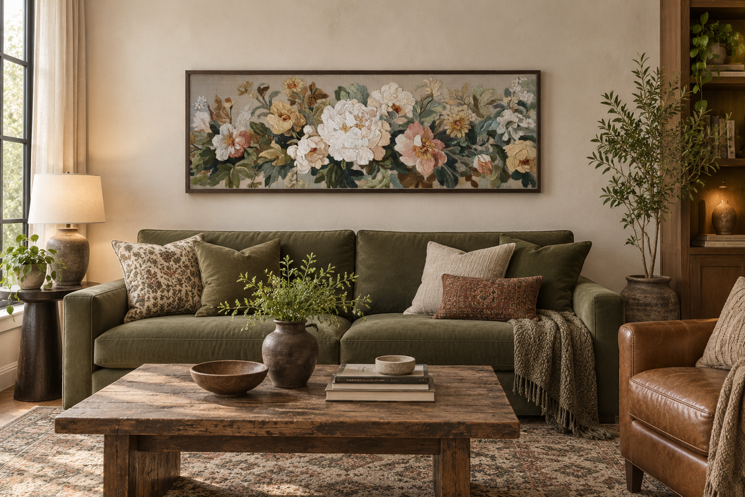 Long horizontal framed tapestry wall art with vintage beige and pastel flowers above a green sofa.