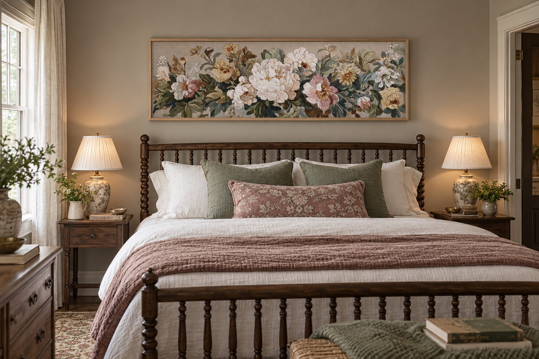 Long horizontal vintage floral framed tapestry wall art above a bed in a neutral-toned bedroom.