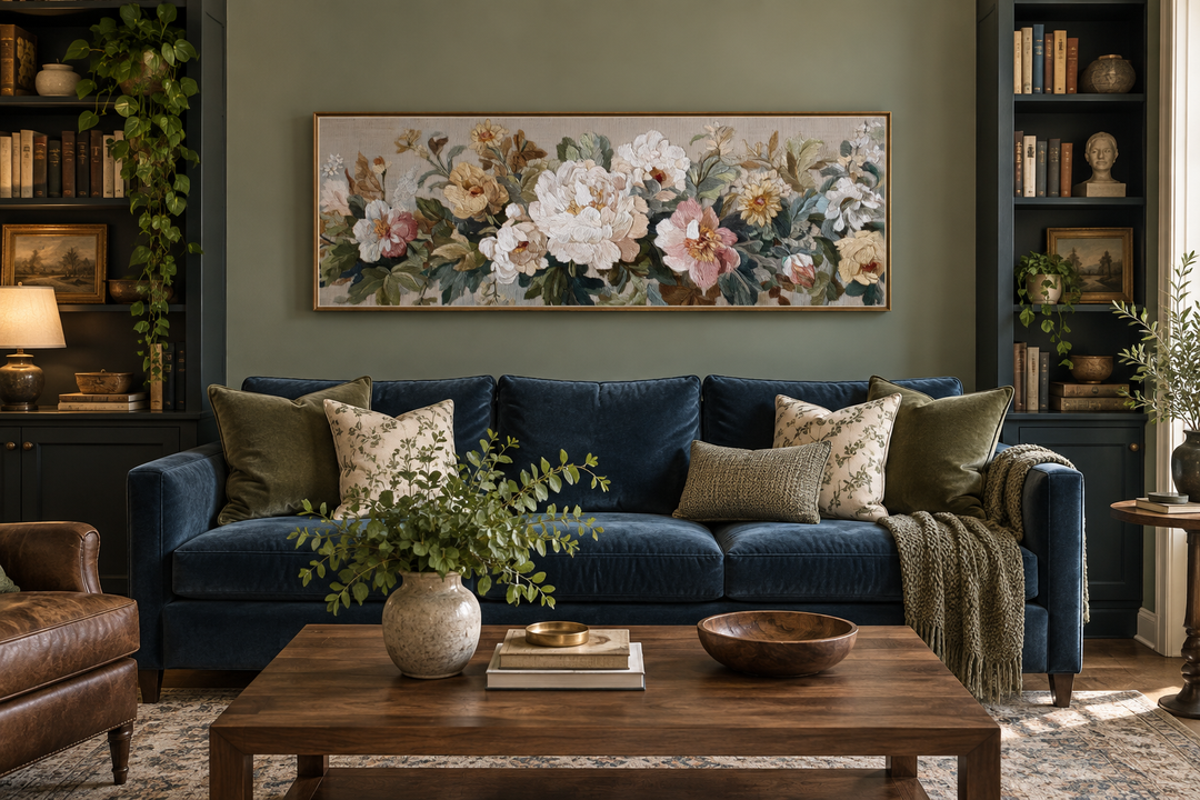 Long horizontal framed tapestry wall art with vintage beige and pastel neutral floral design.