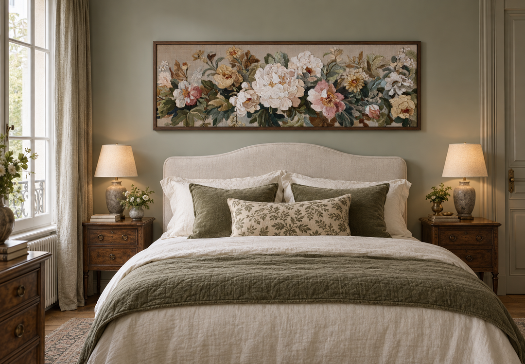 Long horizontal framed vintage floral tapestry wall art hanging above a bed in a neutral bedroom.