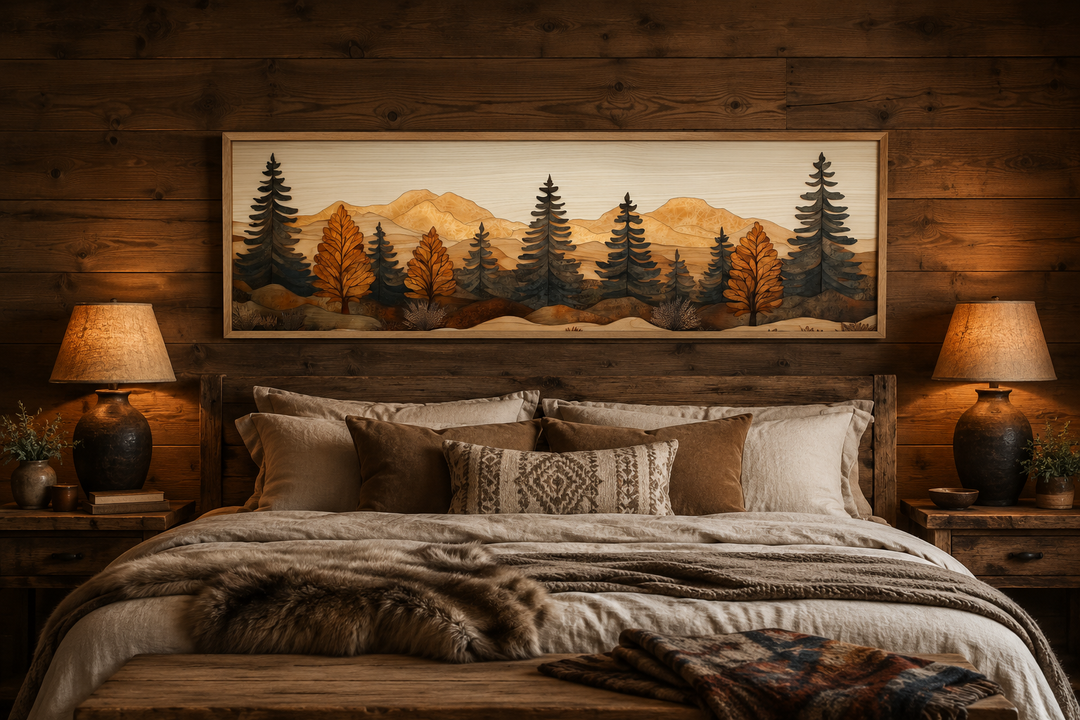 Long horizontal pine forest wood mosaic painting hanging above a bed in a rustic cabin bedroom.
