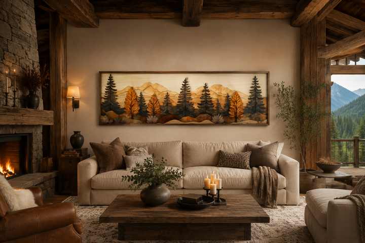 Long horizontal pine forest wood mosaic painting displayed above a couch in a rustic cabin living room.