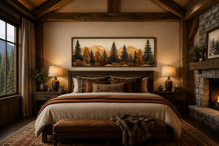 Pine forest wood mosaic painting in a long horizontal frame hanging above a bed in a rustic cabin.