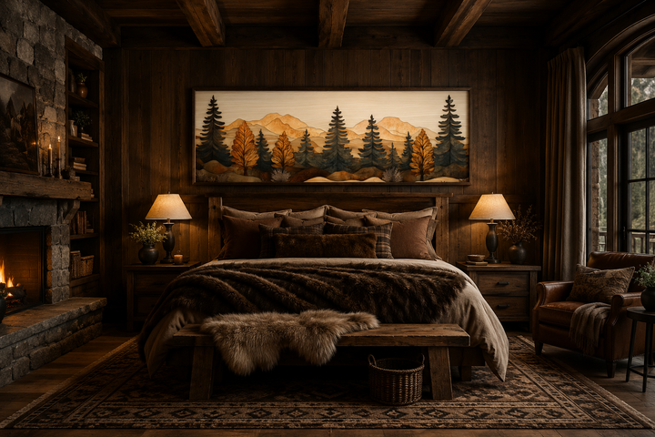 Long horizontal pine forest wood mosaic painting above a bed in a rustic cabin bedroom.