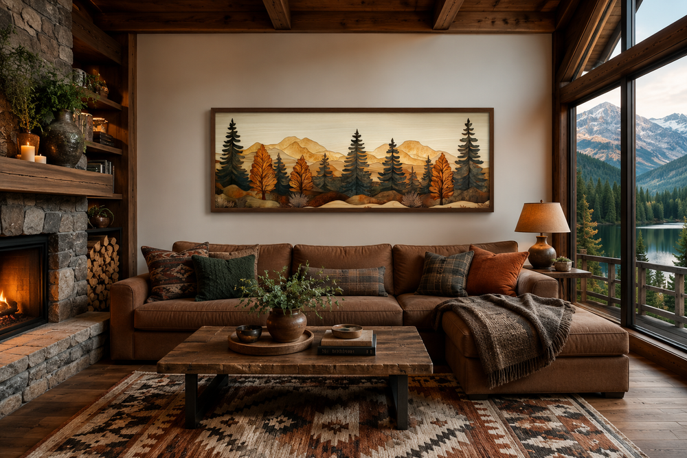 Pine forest wood mosaic painting in a rustic living room above a brown couch with mountain views.