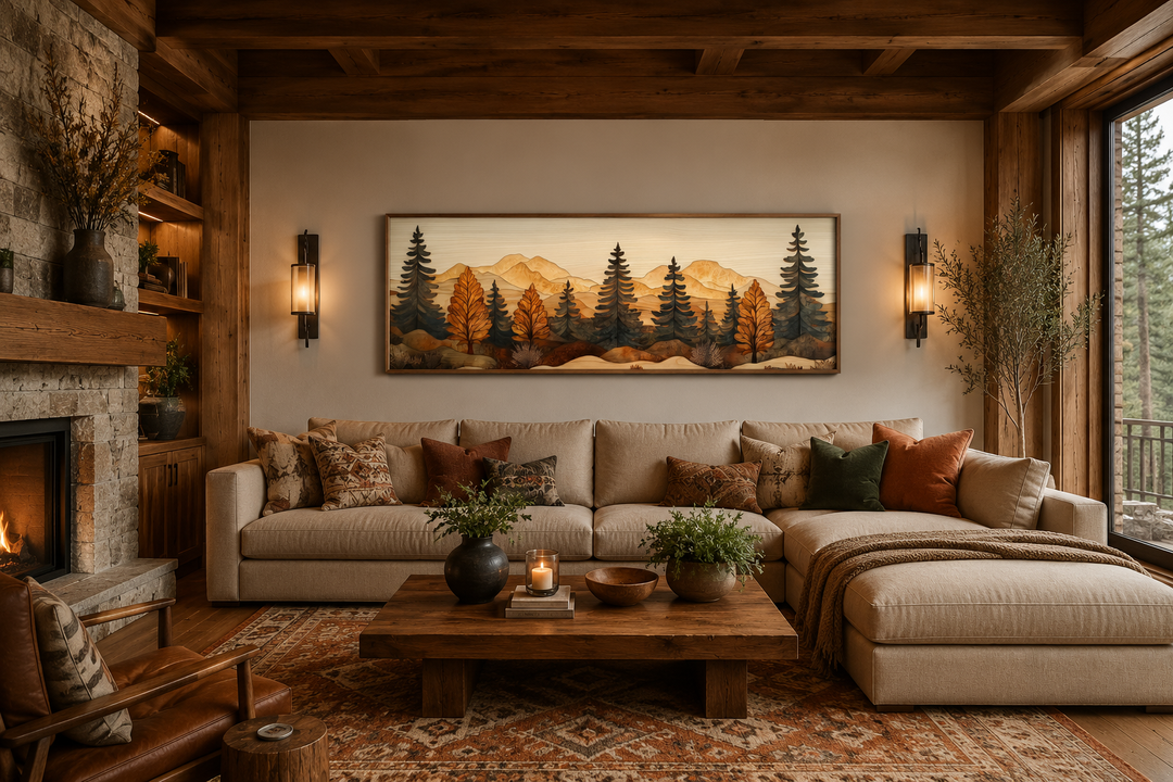 Long horizontal pine forest wood mosaic painting hanging above a beige sectional sofa in a cabin.