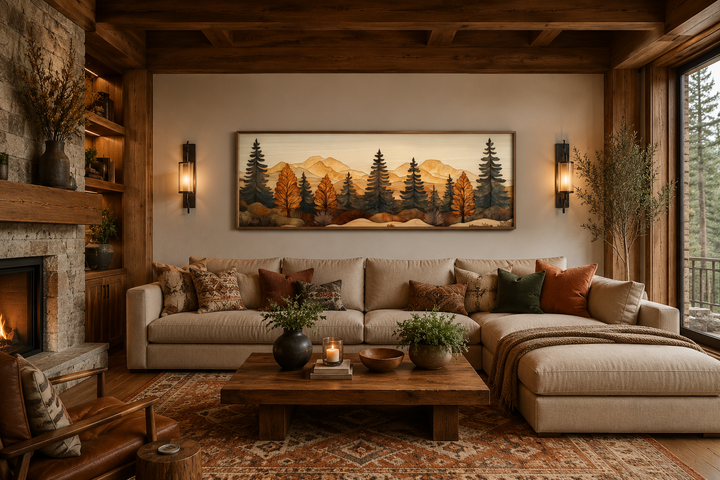 Long horizontal pine forest wood mosaic painting hanging above a beige sectional sofa in a cabin.