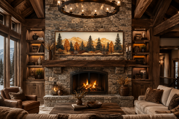 Long horizontal pine forest wood mosaic painting displayed above a rustic stone fireplace.