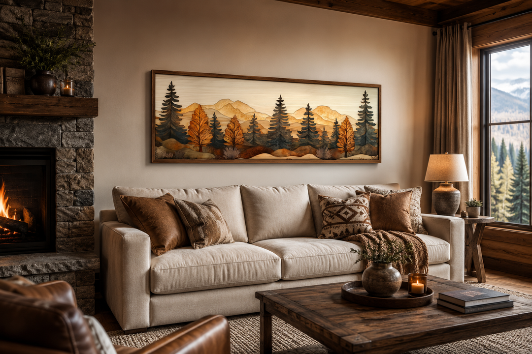 Pine forest wood mosaic painting in a long horizontal frame above a beige couch in a rustic room.