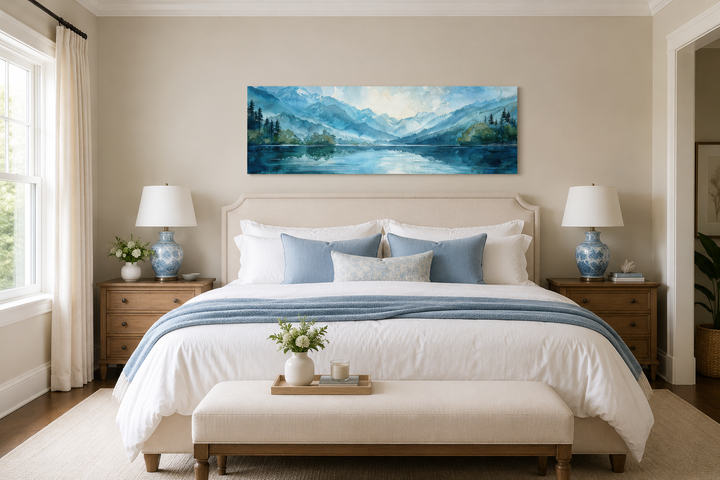 Panoramic watercolor painting of a misty blue mountain lake above a bed in a neutral bedroom.
