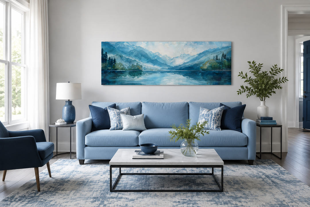 Blue green long narrow panoramic wall art of a misty mountain lake above a blue sofa.