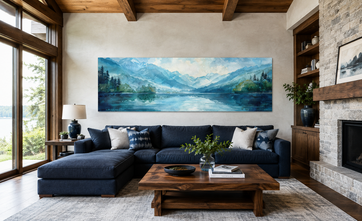 Panoramic blue and green watercolor lake landscape wall art above a navy blue sectional sofa.