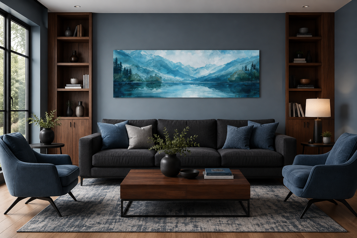 Blue and green panoramic watercolor landscape of misty mountains and a lake over a dark sofa.