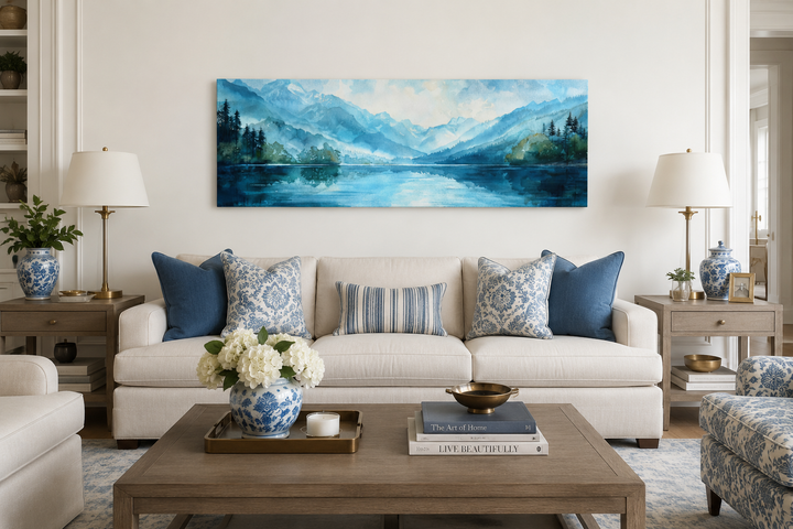 Blue and green panoramic lake landscape canvas art hanging above a white sofa in a living room.