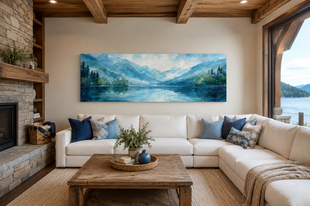 Panoramic blue and green watercolor landscape of misty mountains and a lake above a white sofa.