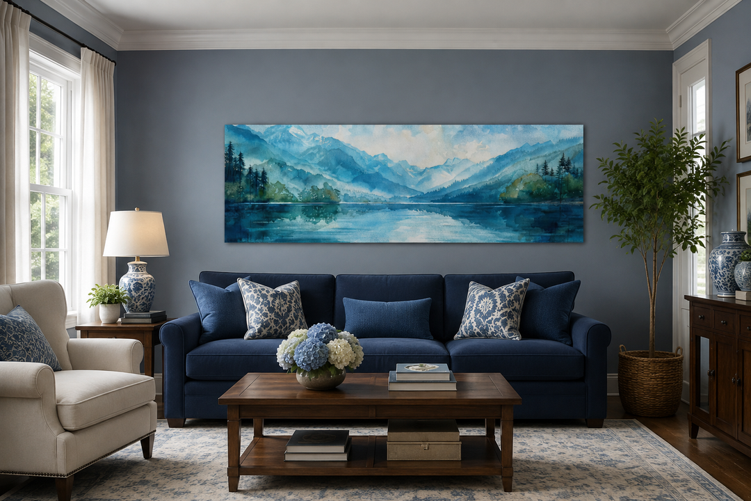 Panoramic blue and green watercolor lake landscape wall art hanging above a navy blue sofa.
