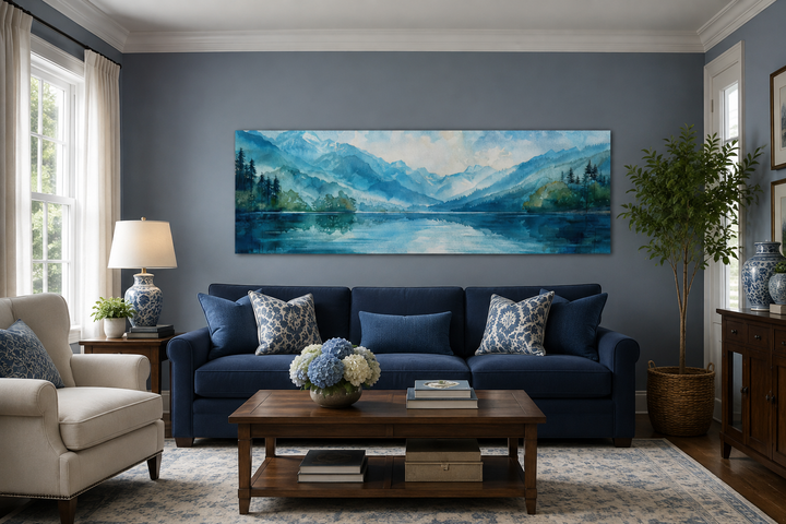 Panoramic blue and green watercolor lake landscape wall art hanging above a navy blue sofa.