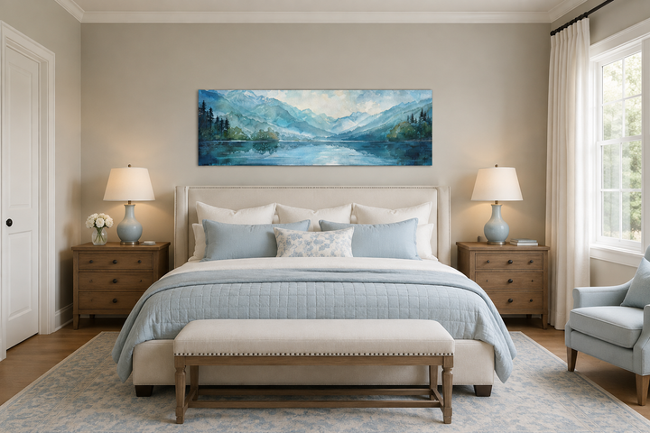 Blue and green panoramic watercolor landscape of a misty mountain lake above a bed.